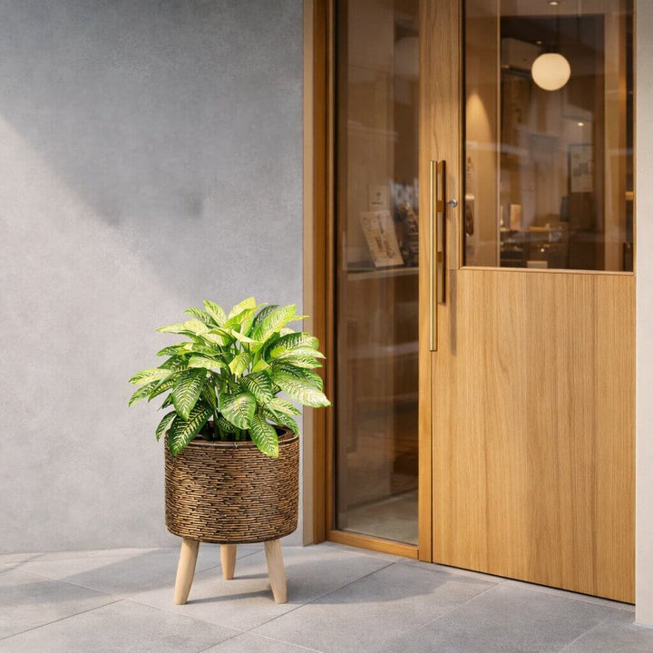 Woven Style Flower Pot with Wooden Feet for Indoor and Outdoor Plant Display Stand
