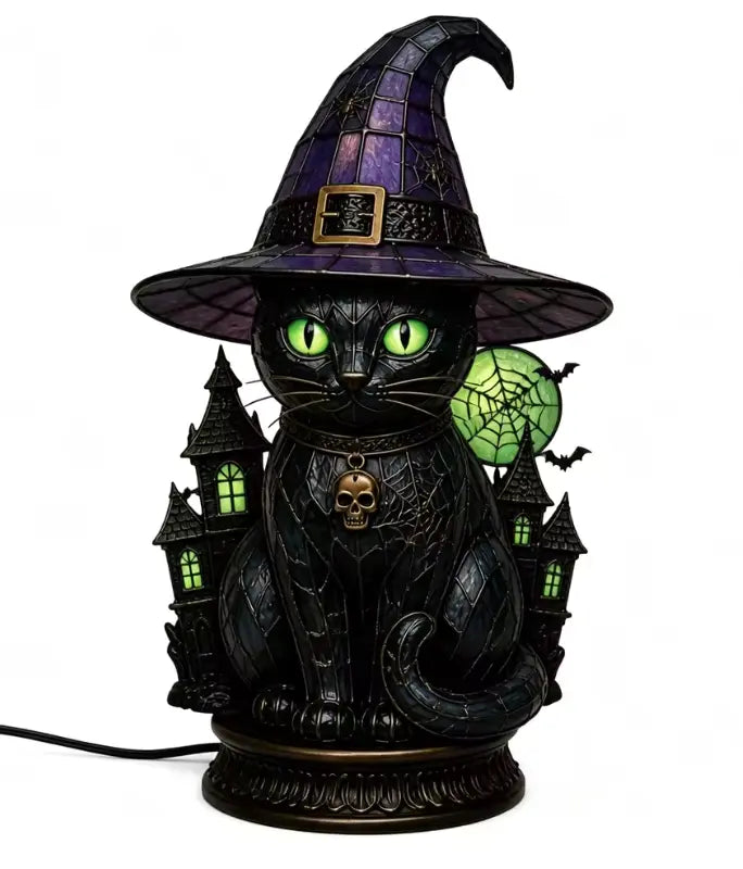 Stained Glass Witch Hat Lamp, Halloween Animal Accent Lamp with Resin Base in 7 Gothic Designs
