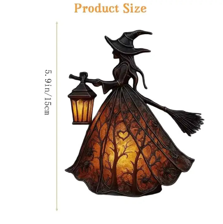 Glowing Witch Lantern Lamp, Battery LED Gothic Resin Witch Sculpture with Glowing Skirt and Broom