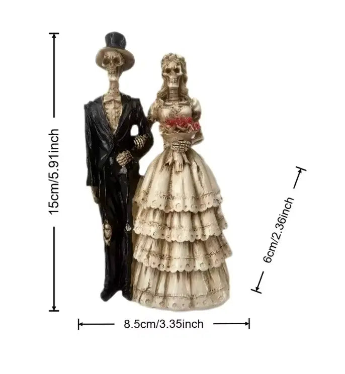 Skeleton Bride and Groom Figurine, Gothic Resin Wedding Couple Statue and Cake Topper, 15 cm Tall
