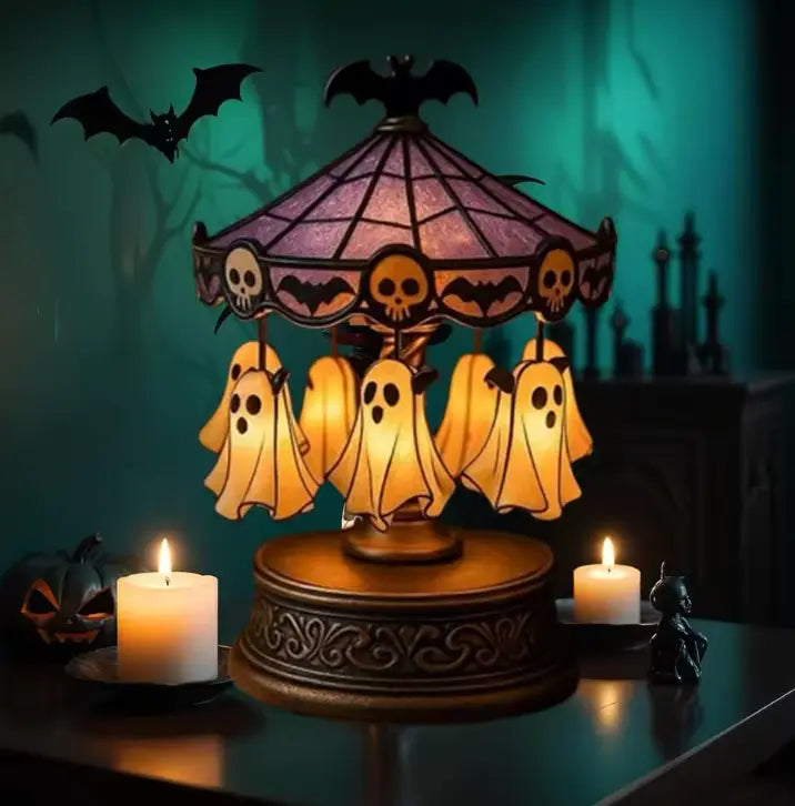 Rotating Ghost Carousel Night Light, Rechargeable Halloween Table Lamp with Bat and Skull Canopy