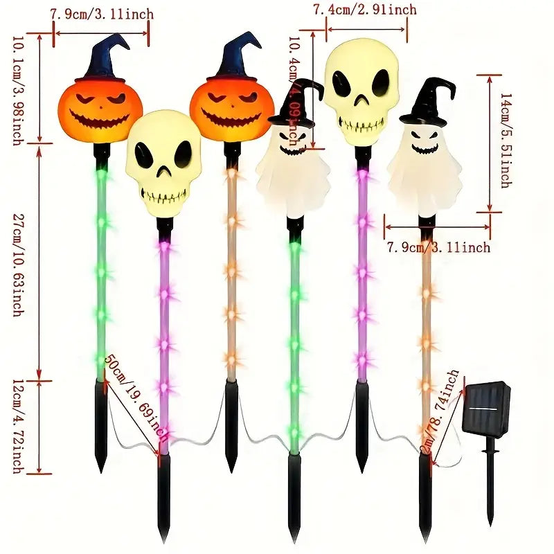 Halloween Solar Pathway Light Stakes, Set of 6 Pumpkin, Skull and Ghost Garden Lights with Auto On