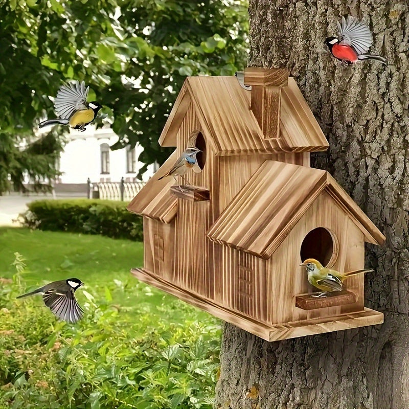 Rustic Wooden Bird House - Multi-Compartment Nesting Shelter for Small Garden Birds