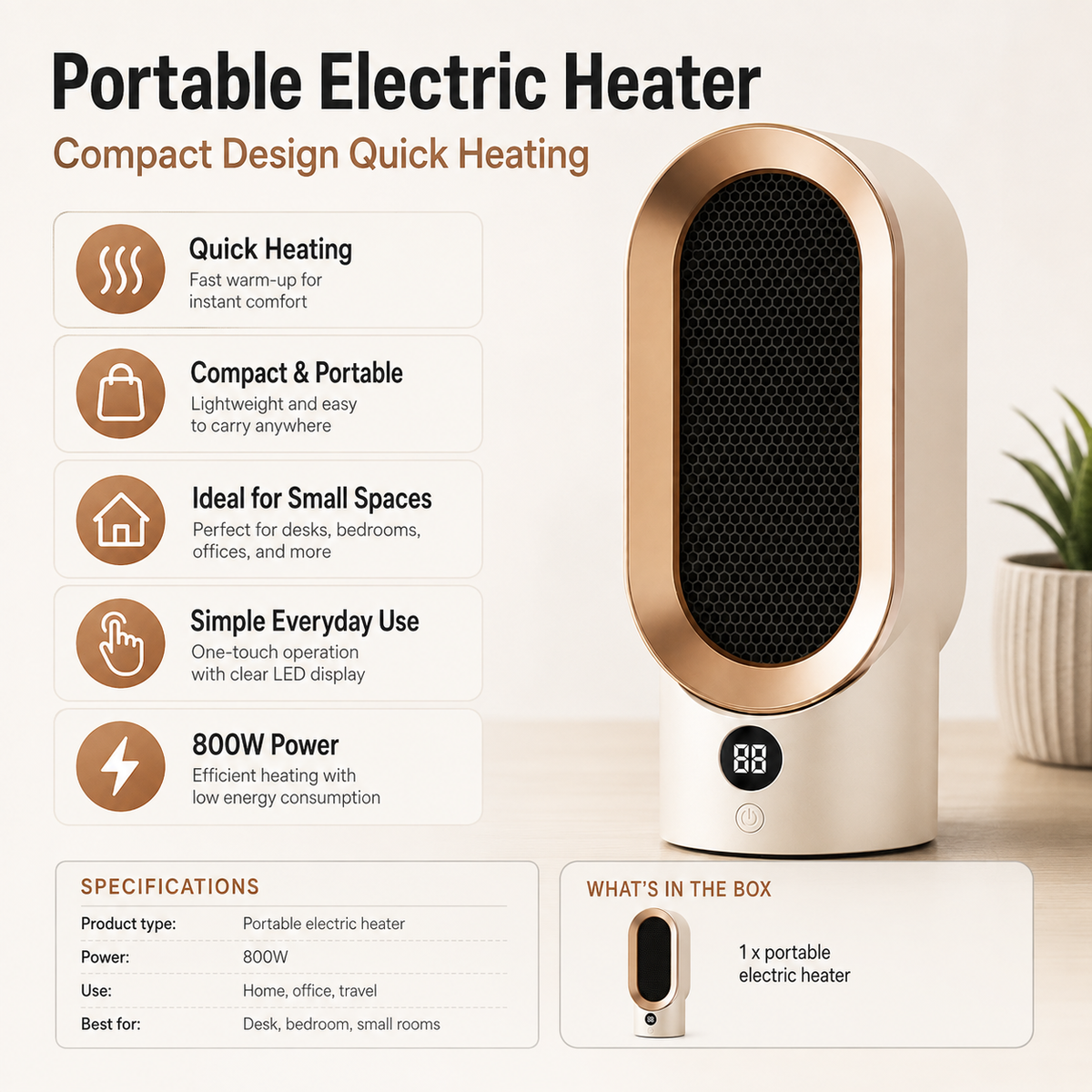 Portable Electric Heater Compact 800W Design with Quick Heating for Small Spaces