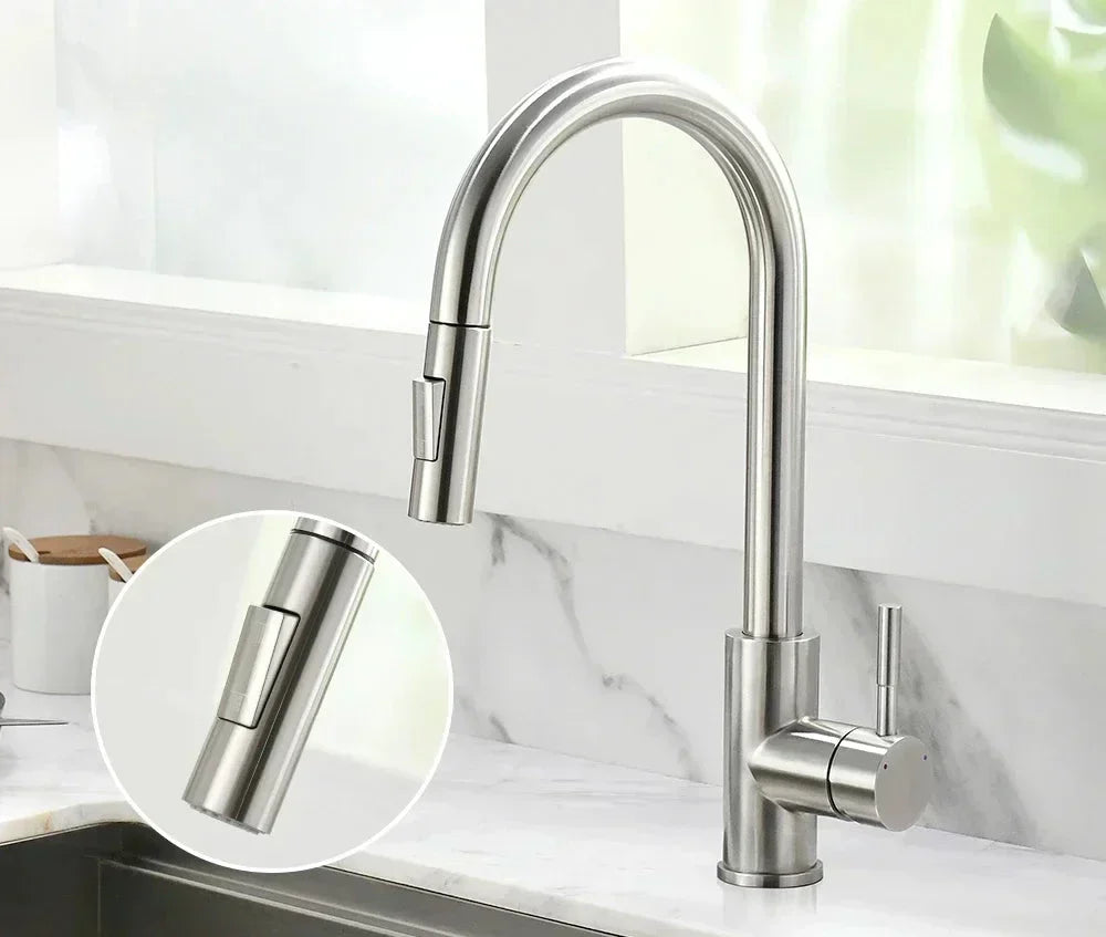Silver Pull Out Kitchen Mixer Tap with Single Lever, Ceramic Valve and Flexible Spray Head
