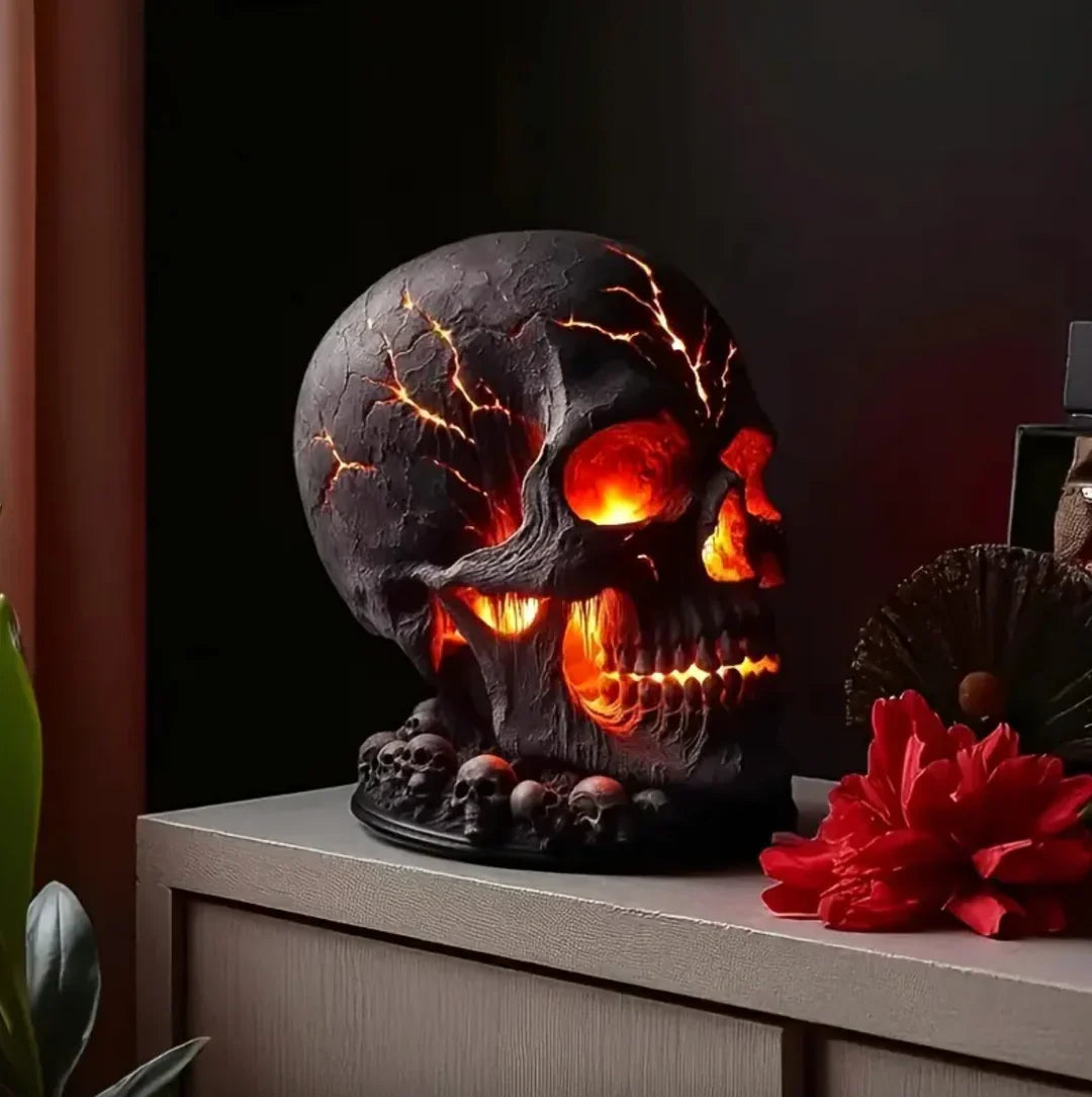 Molten Skull Lava Lamp, Gothic Resin Skull Desk Lamp with Red and Orange Lava Effect, USB Powered