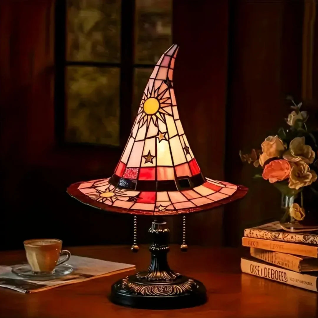 Witch Hat Stained Glass Lamp with Star and Sun Pattern, Tiffany Style Fantasy Accent Lamp in 2 Sizes
