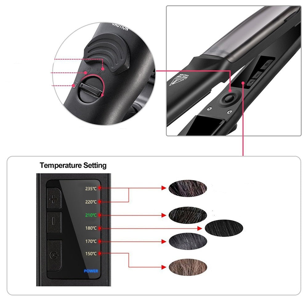 Ceramic Hair Steam Straightener with Tourmaline Plates and LED Temperature Display