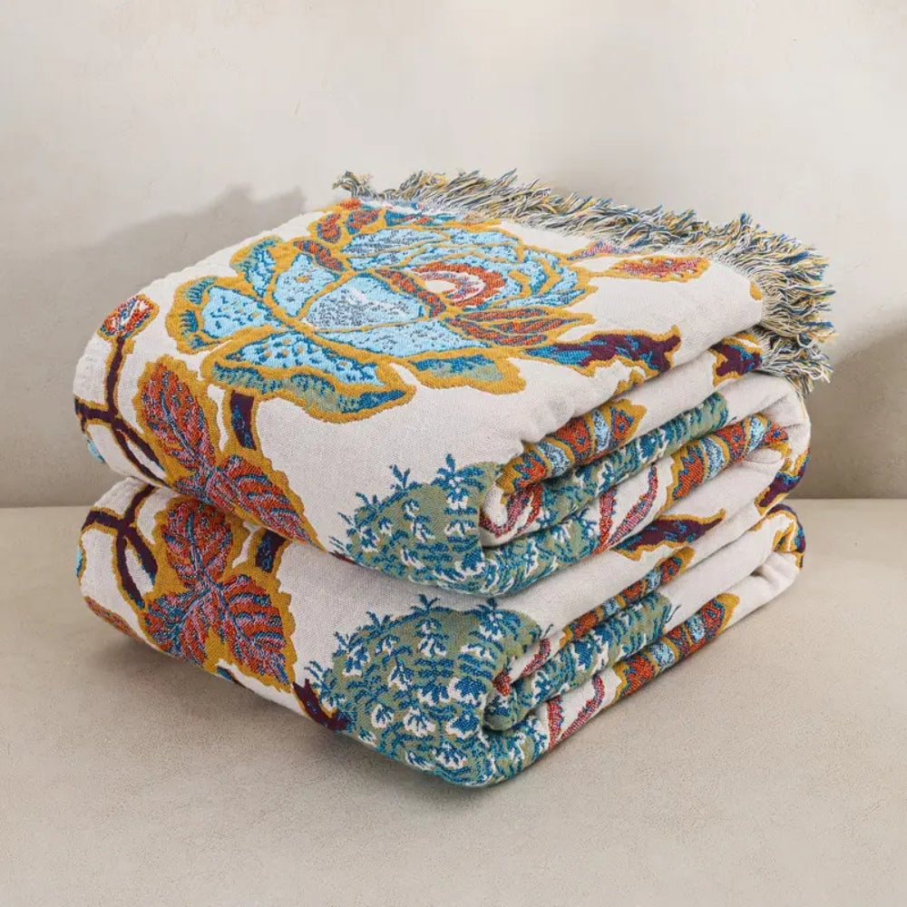 Reversible Jacquard Cotton Throw Blanket with Floral Garden Pattern for Sofa & Bed