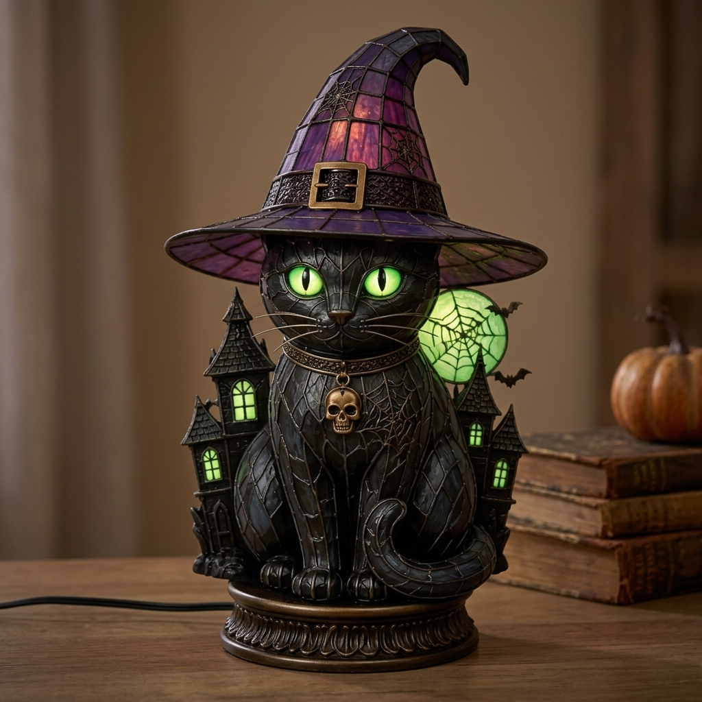 Owl Stained Glass Witch Hat Lamp - Green Cat lifestyle photo | b13-4baea34e