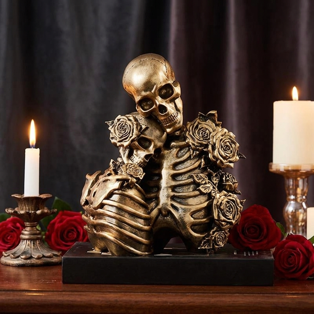 Gothic Skeleton Couple Figurine - Hug / Antique Gold lifestyle | b13-4152e8e9