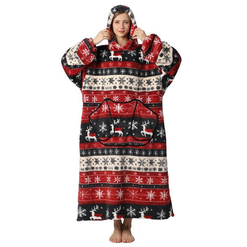 Long Wearable Blanket Hoodie Oversized Sherpa Fleece Hooded Blanket with Kangaroo Pocket for Adults