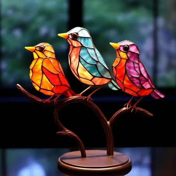 Artistic Glass Bird Sculptures - Vibrant Colored Glass Decor, Set of 3 with Stand