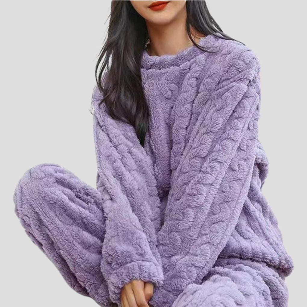 Women's Plush Fleece Pajama Set with Round Neck Top and Cinched, Stretchy Waistband