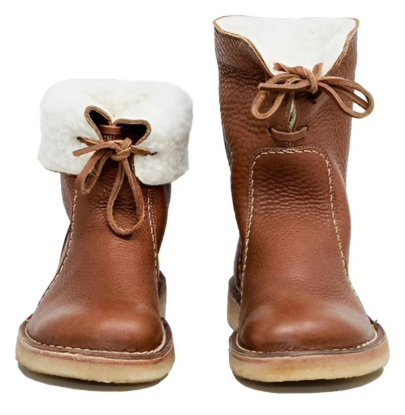 Waterproof Wool Lined Leather Winter Boots Lace Up Vintage Style Boots with Crepe Rubber Sole