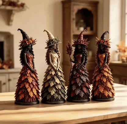 Autumn Leaf Witch Figurine, Handcrafted Resin Witch Statue with Berry Staff for Halloween Decor