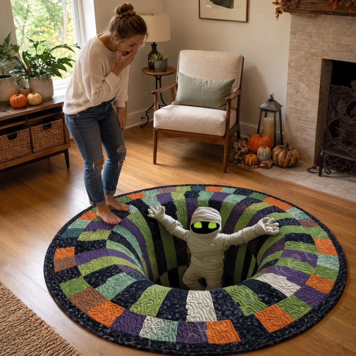 3D Optical Illusion Round Rug, Waterproof Non Slip Halloween Floor Mat in 5 Designs and 3 Sizes