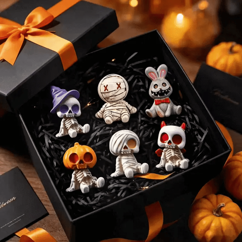 Mini Skeleton Figurine Set of 6, Halloween Resin Skeleton and Mummy Statues for Desk and Bonsai
