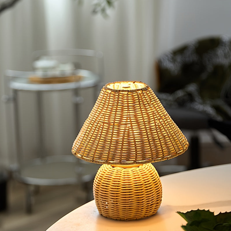 Bamboo Woven Desk Lamp with USB-Powered Ambient Glow, Handwoven Boho Rustic Style