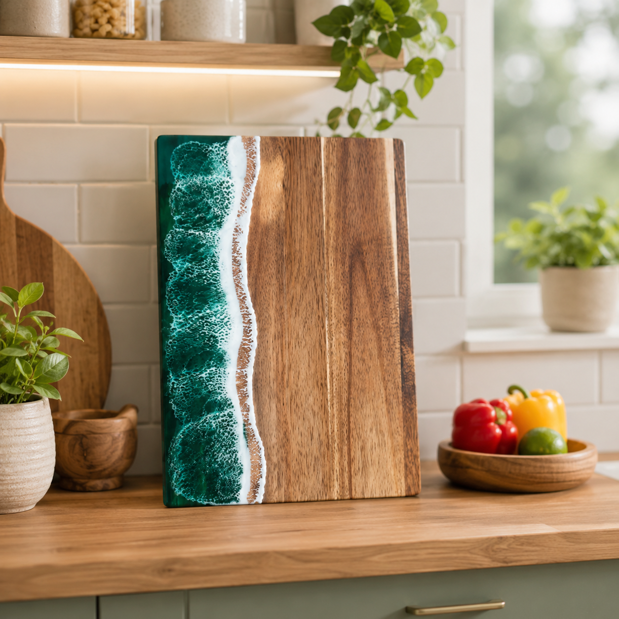 Wave Resin Acacia Cutting Board, Coastal Charcuterie & Cheese Serving Board for Kitchen