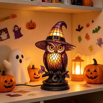 Owl Stained Glass Witch Hat Lamp, Gothic Halloween Accent Lamp with Resin Owl and Bronze Base