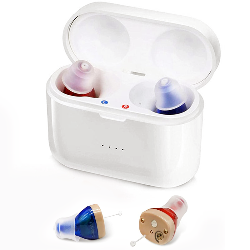 Rechargeable Discreet In Canal Hearing Amplifiers, Pair with Charging Case and USB Cable