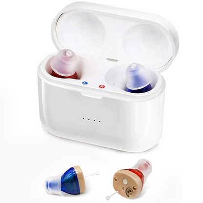 Rechargeable Discreet In Canal Hearing Amplifiers, Pair with Charging Case and USB Cable