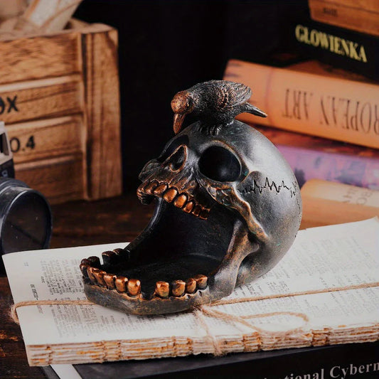 Raven and Skull Gothic Trinket Tray, Resin Catch All Dish for Jewellery, Keys and Rings, Dark Decor
