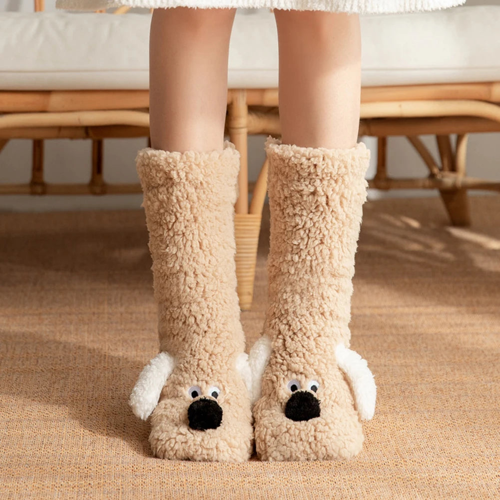 Cute Dog Fuzzy Socks Winter Fleece Leg Warmers with Fluffy Ears Embroidered Face One Size Slippers