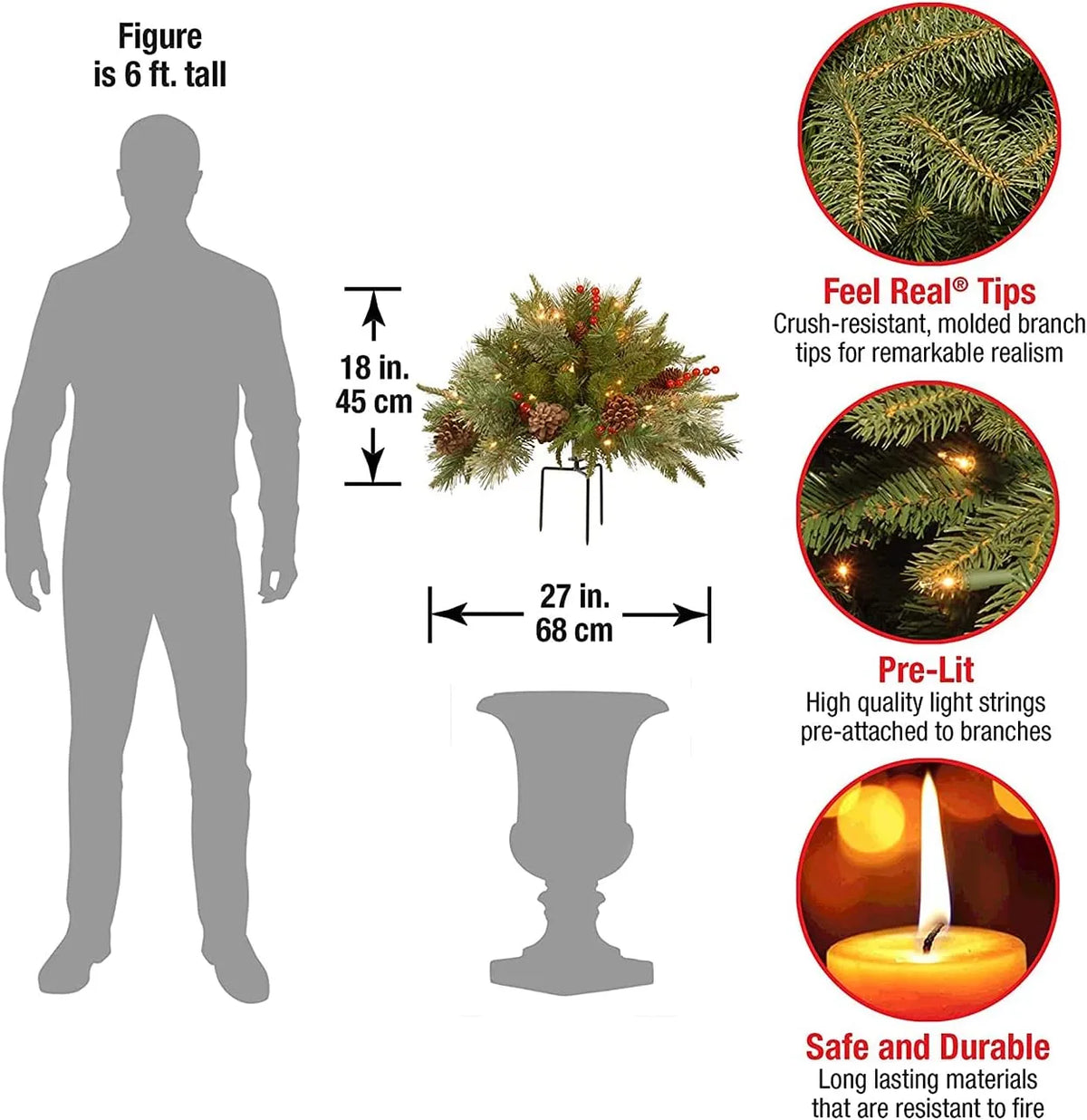Pre Lit Artificial Christmas Urn Filler with 35 Warm White LED Lights Timer and Three Prong Stake