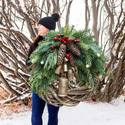 Farmhouse Christmas Wreath Boho Rustic Vine Wreath with Pinecones Berries and Golden Bells 17 Inch