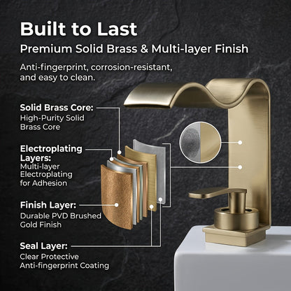 Brushed Brass Waterfall Basin Tap for Above Counter Sinks, Single Lever Mixer with Ceramic Valve