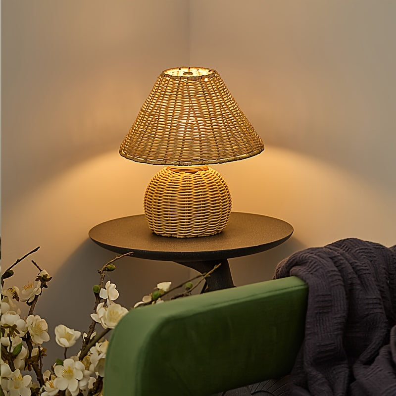 Bamboo Woven Desk Lamp with USB-Powered Ambient Glow, Handwoven Boho Rustic Style