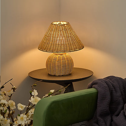 Bamboo Woven Desk Lamp with USB-Powered Ambient Glow, Handwoven Boho Rustic Style
