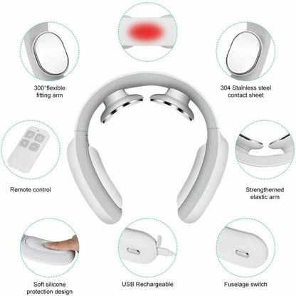 Pulse and Heat Neck Massager with Remote Control Fifteen Intensity Levels Cordless Portable