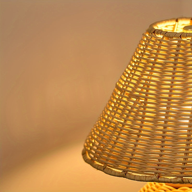 Bamboo Woven Desk Lamp with USB-Powered Ambient Glow, Handwoven Boho Rustic Style