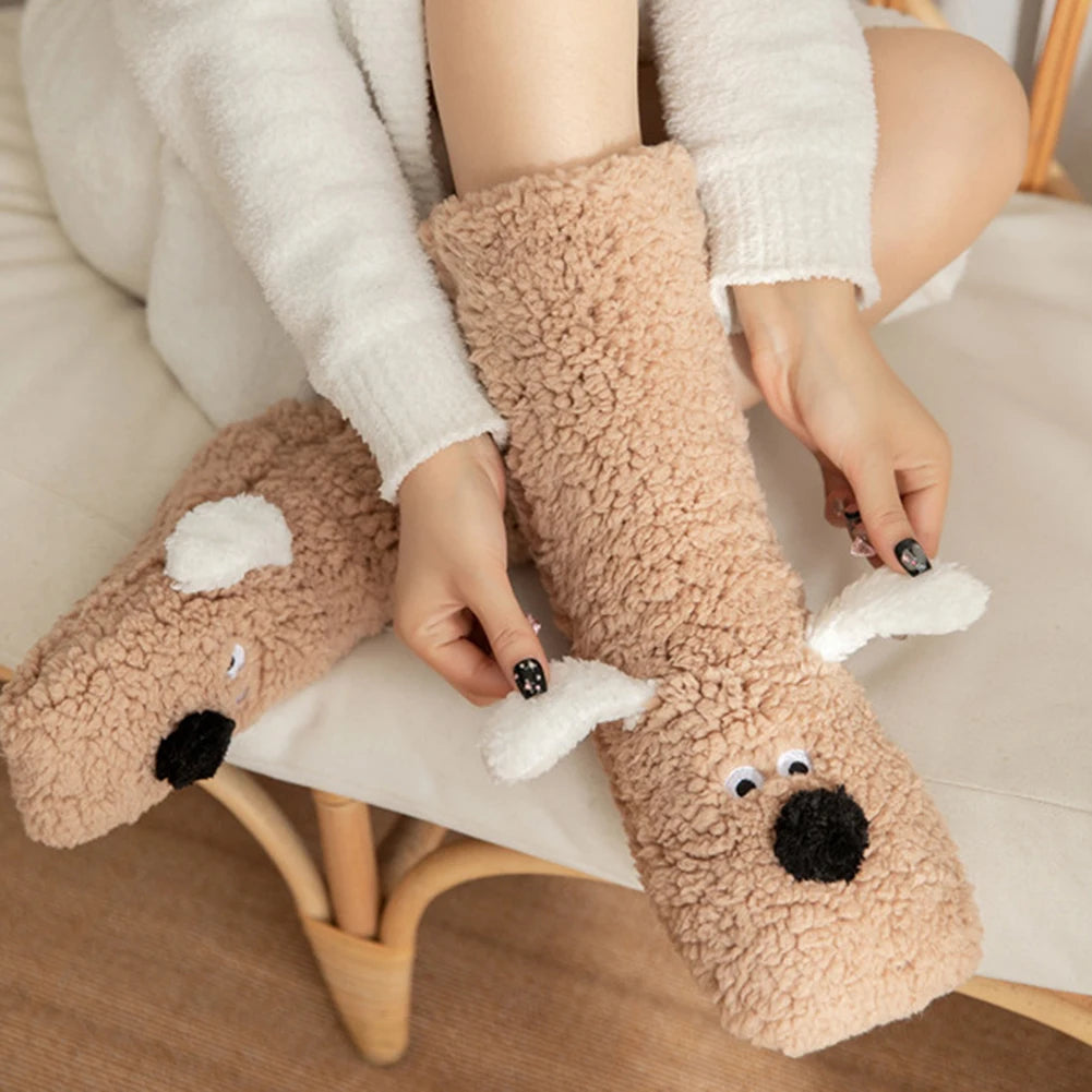 Cute Dog Fuzzy Socks Winter Fleece Leg Warmers with Fluffy Ears Embroidered Face One Size Slippers