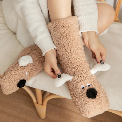 Cute Dog Fuzzy Socks Winter Fleece Leg Warmers with Fluffy Ears Embroidered Face One Size Slippers