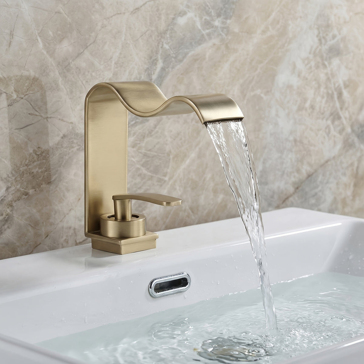 Brushed Brass Waterfall Basin Tap for Above Counter Sinks, Single Lever Mixer with Ceramic Valve
