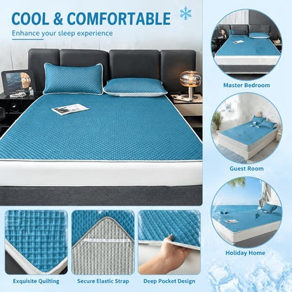 Foldable Cooling Sleep Mat with Soft Breathable Waffle Texture for Single and Double Beds in Summer