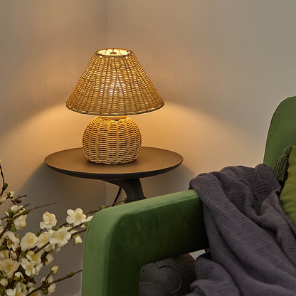 Bamboo Woven Desk Lamp with USB-Powered Ambient Glow, Handwoven Boho Rustic Style