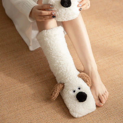 Cute Dog Fuzzy Socks Winter Fleece Leg Warmers with Fluffy Ears Embroidered Face One Size Slippers