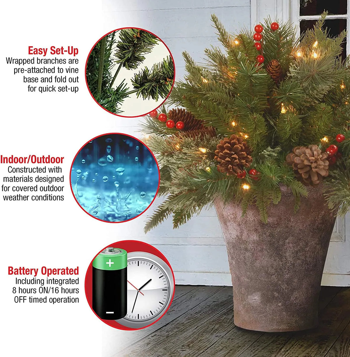 Pre Lit Artificial Christmas Urn Filler with 35 Warm White LED Lights Timer and Three Prong Stake