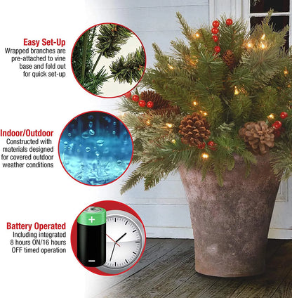 Pre Lit Artificial Christmas Urn Filler with 35 Warm White LED Lights Timer and Three Prong Stake