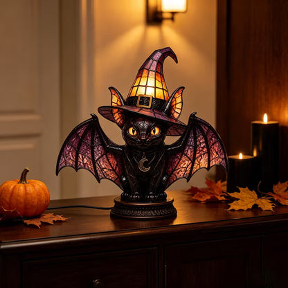Bat Wing Black Cat Stained Glass Witch Hat Lamp, Gothic Halloween Accent Lamp with Bronze Base