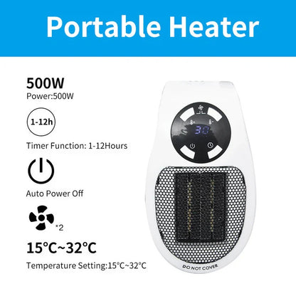 500W Mini Portable Electric Heater with Remote Control and 12 Hour Timer Compact Quiet Fan Heater