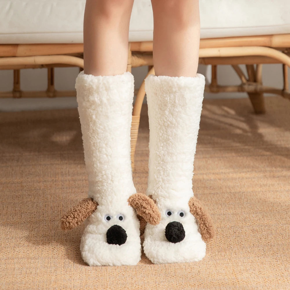 Cute Dog Fuzzy Socks Winter Fleece Leg Warmers with Fluffy Ears Embroidered Face One Size Slippers