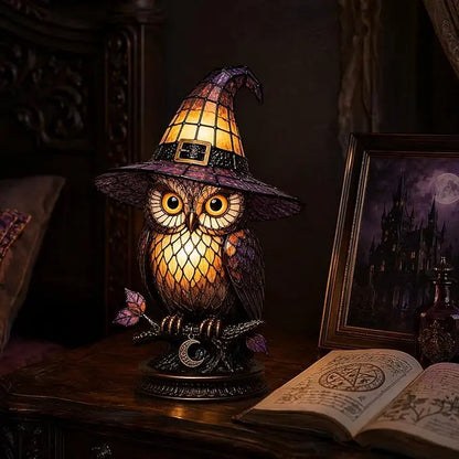 Owl Stained Glass Witch Hat Lamp, Gothic Halloween Accent Lamp with Resin Owl and Bronze Base