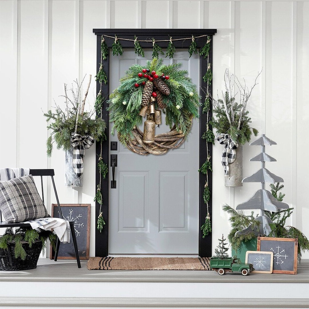 Farmhouse Christmas Wreath Boho Rustic Vine Wreath with Pinecones Berries and Golden Bells 17 Inch