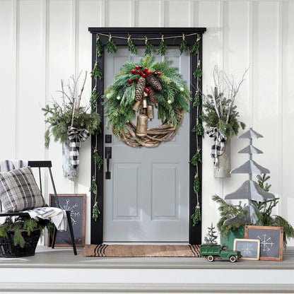 Farmhouse Christmas Wreath Boho Rustic Vine Wreath with Pinecones Berries and Golden Bells 17 Inch